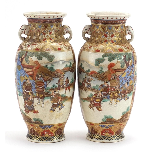 158 - Pair of Japanese Satsuma pottery vases with twin handles hand painted with figures and flowers, each... 