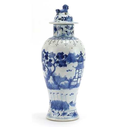 338 - Chinese blue and white porcelain baluster vase and cover hand painted with figures in a palace setti... 