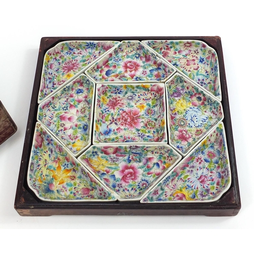 480 - Chinese porcelain millefleurs porcelain hors d'oeuvres dishes housed in a hardwood case, overall 29c... 