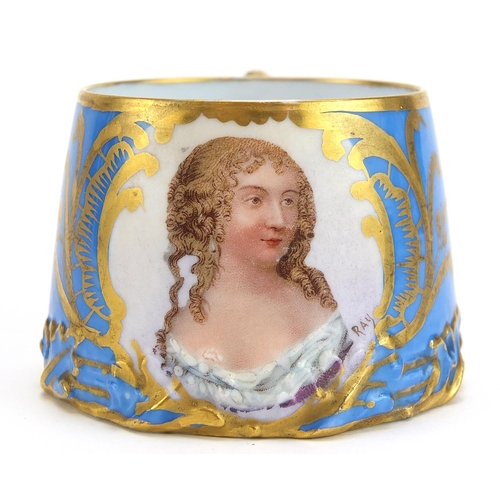 266 - Sevres porcelain cup decorated with a portrait of a female, signed Ray and a Naples porcelain dish i... 