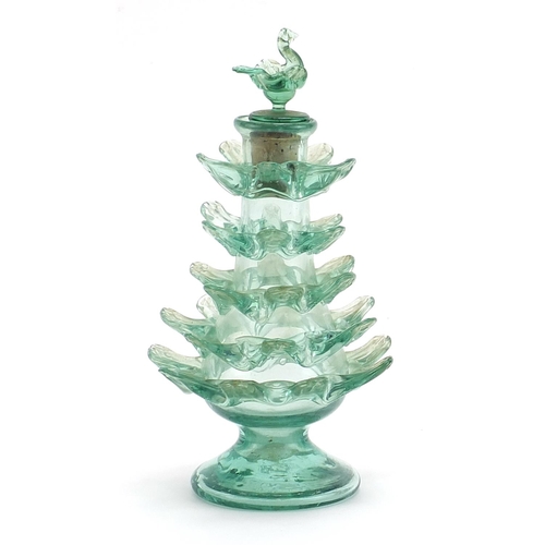 981 - Bohemian or Islamic green glass scent bottle in the form of a Christmas tree with bird stopper, 17.5... 