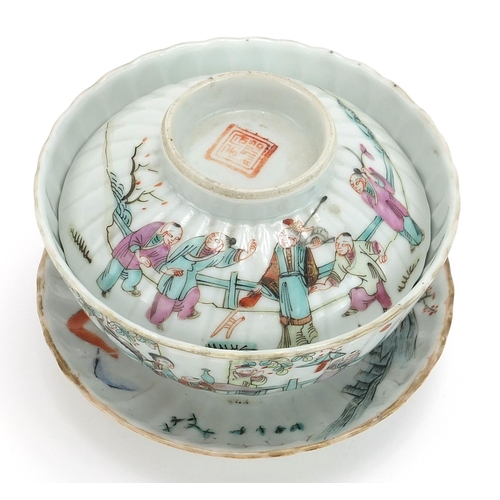 340 - Chinese porcelain rice bowl and cover on stand hand painted in the famille rose palette with figures... 