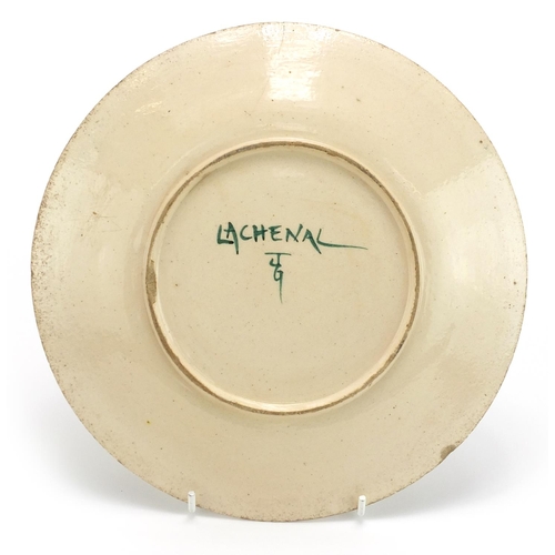 458 - Edmond Lachenal, Art Deco plate hand painted with stylised trees, signed and inscribed J G to the ba... 