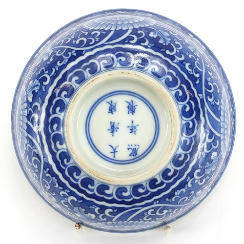 422 - Chinese blue and white porcelain bowl hand painted with flowers, six figure character marks to the b... 