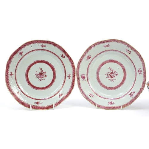 284 - Pair of Chinese porcelain pink monochrome plates hand painted with flowers and an Imari pattern bowl... 