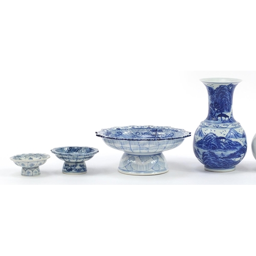 1133 - Chinese blue and white porcelain including garlic head vase and five pedestal dishes hand painted wi... 