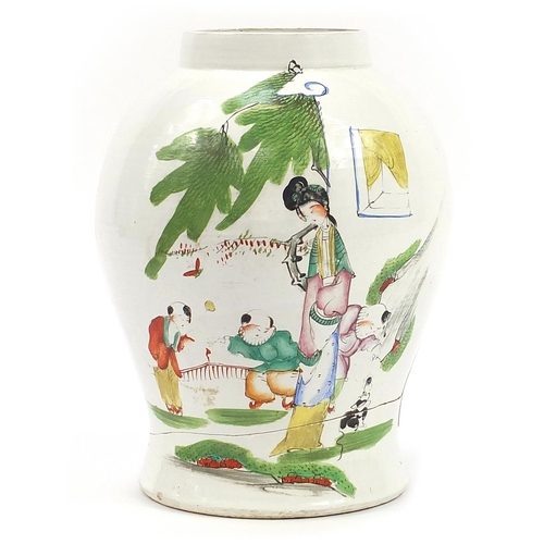 945 - Large Chinese porcelain baluster vase hand painted in the famille rose palette with figures in a pal... 