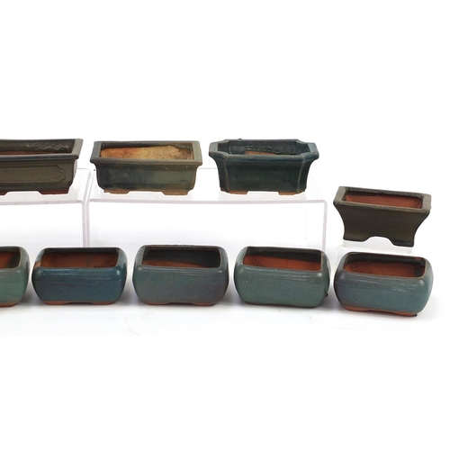 998 - Thirteen Chinese stoneware bonsai planters having various green glazes, the largest each 14.5cm in l... 