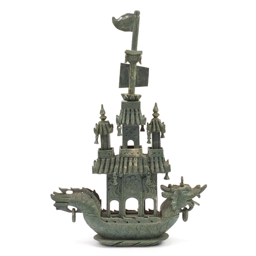 964 - Chinese green soapstone carving of a dragon boat, 50cm high