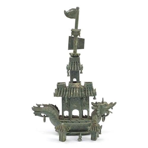 964 - Chinese green soapstone carving of a dragon boat, 50cm high