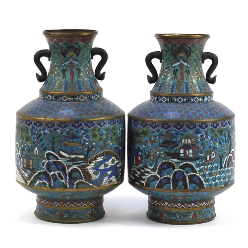 92 - Good large pair of Chinese cloisonne vases with twin ruyi sceptre handles, each finely enamelled wit... 