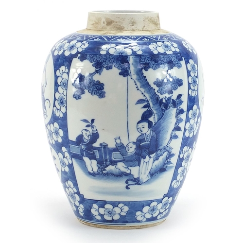 148 - Large Chinese blue and white porcelain ginger jar hand painted with panels of figures and flowers on... 