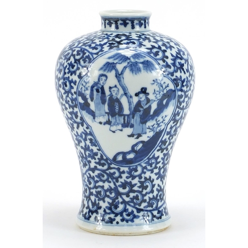 82 - Chinese blue and white porcelain baluster vase hand painted with panels of figures onto a floral gro... 