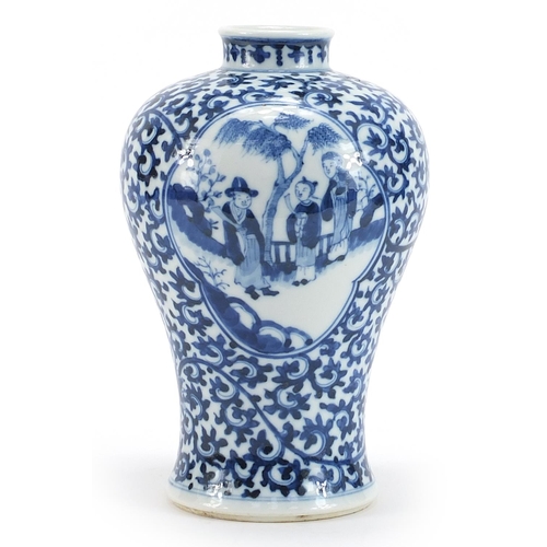 82 - Chinese blue and white porcelain baluster vase hand painted with panels of figures onto a floral gro... 