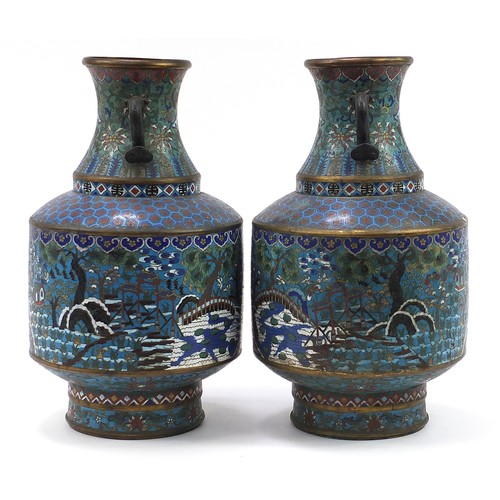 92 - Good large pair of Chinese cloisonne vases with twin ruyi sceptre handles, each finely enamelled wit... 