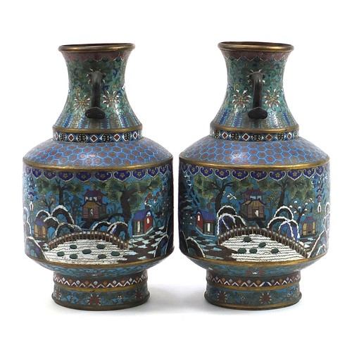 92 - Good large pair of Chinese cloisonne vases with twin ruyi sceptre handles, each finely enamelled wit... 