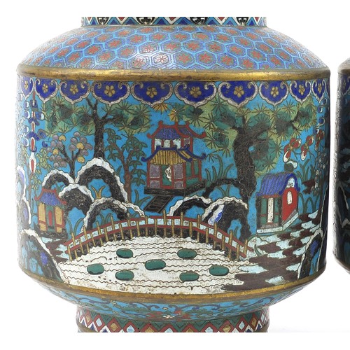 92 - Good large pair of Chinese cloisonne vases with twin ruyi sceptre handles, each finely enamelled wit... 