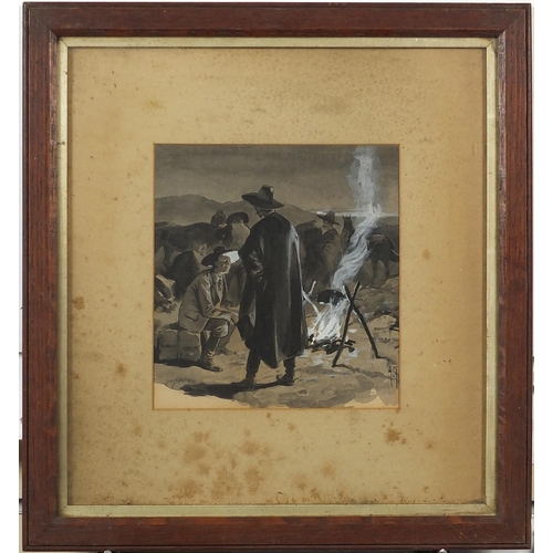 785A - Alfred Pearse - Figures around a camp fire, heightened watercolour, monogrammed A P, mounted, framed... 