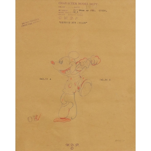 921 - Mickey's big parade, Walt Disney Character Model department pencil and crayon, dated 1934, numbered ... 