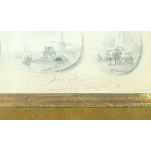 136 - Jan Van Ravenswaay - Landscapes and cattle, twenty 19th century Dutch miniature pencil sketches, mou... 