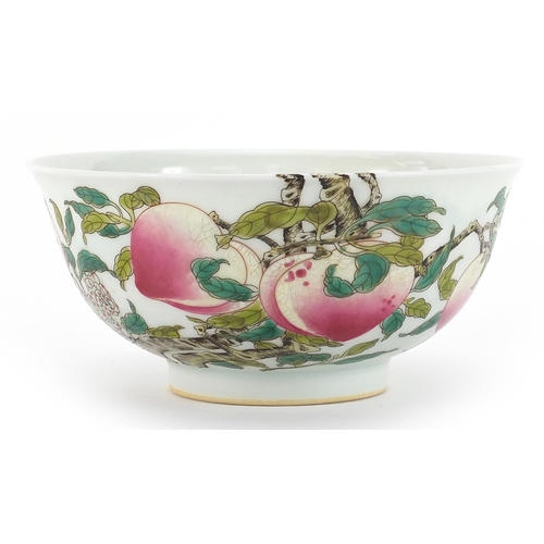 461 - Chinese porcelain bowl hand painted with bats amongst peach trees, four figure character marks to th... 