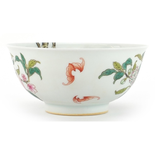 461 - Chinese porcelain bowl hand painted with bats amongst peach trees, four figure character marks to th... 