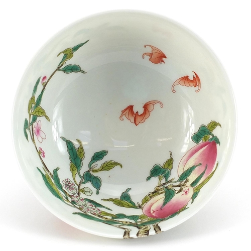 461 - Chinese porcelain bowl hand painted with bats amongst peach trees, four figure character marks to th... 