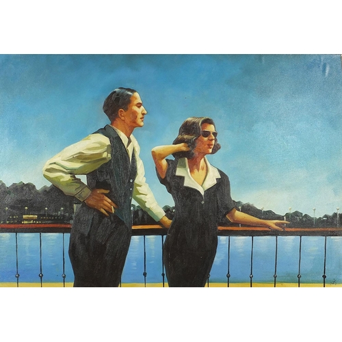 474 - After Jack Vettriano - Two figures before a river, oil on board, mounted and framed, 88cm x 60cm exc... 