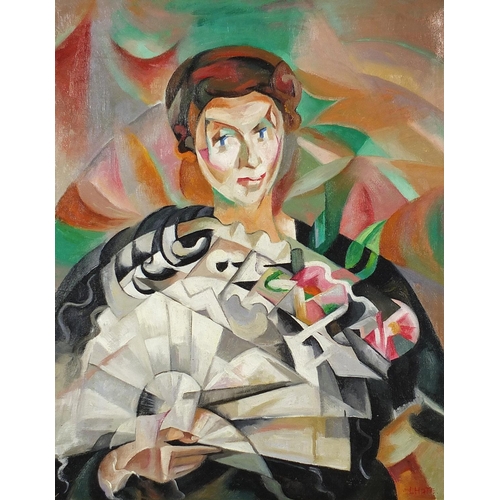 476 - Female holding a fan, French Cubist school oil on board, mounted and framed, 50cm x 39cm excluding t... 