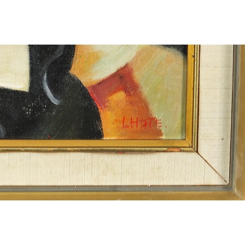 476 - Female holding a fan, French Cubist school oil on board, mounted and framed, 50cm x 39cm excluding t... 