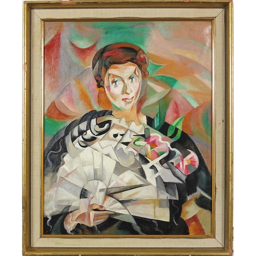 476 - Female holding a fan, French Cubist school oil on board, mounted and framed, 50cm x 39cm excluding t... 