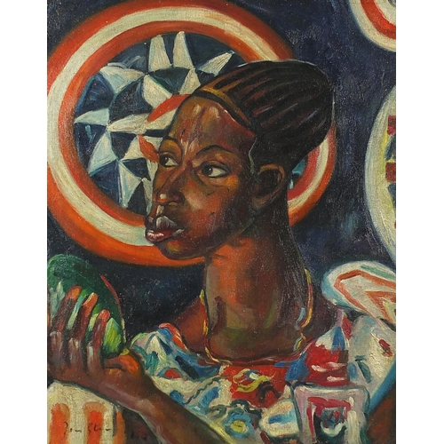 1026 - Head and shoulders portrait of a female, South African school oil on board, mounted and framed, 49cm... 