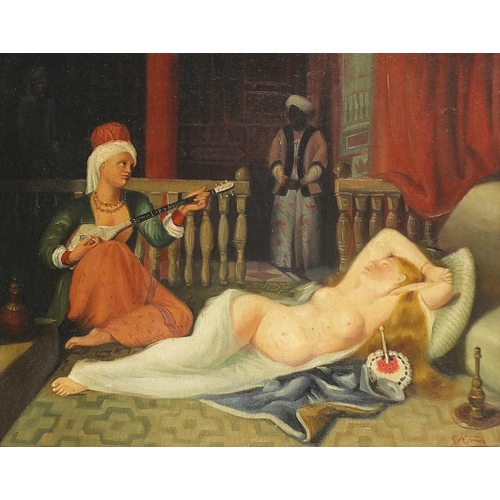 1003 - Reclining nude female with attendants, Arabian school oil on board, mounted and framed, 48cm x 38cm ... 