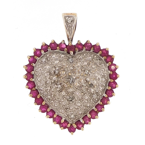 1761 - 9ct gold ruby and diamond love heart pendant, 2.5cm high, 3.4g