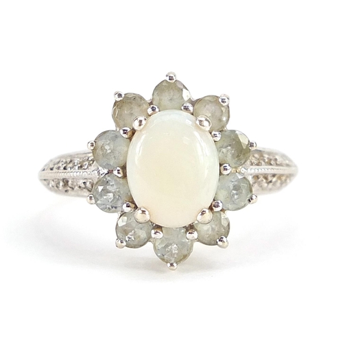 1907 - 9ct white gold opal and clear stone cluster ring, size N, 3.2g