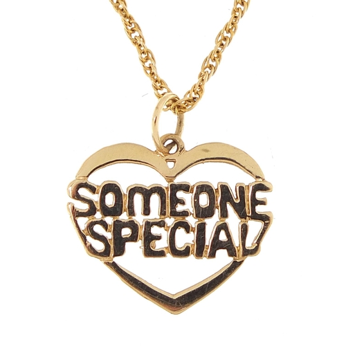 2031 - Unmarked gold love heart Someone Special pendant on a 9ct gold necklace, 1.5cm high and 40cm in leng... 