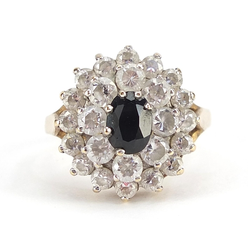 1883 - 9ct gold sapphire and clear stone cluster ring, size L, 3.6g