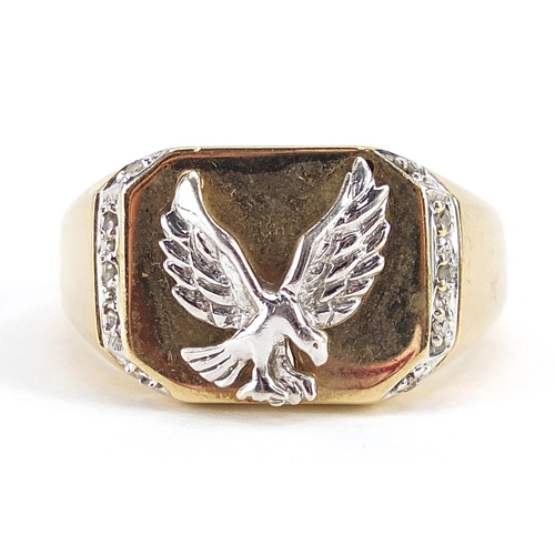 1735 - 9ct gold eagle ring set with diamonds, size Q, 5.2g