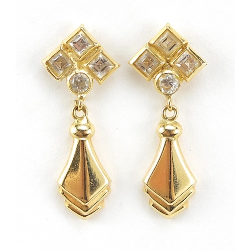 2100 - Pair of 14ct gold clear stone drop earrings, 2.6cm high, 2.3g