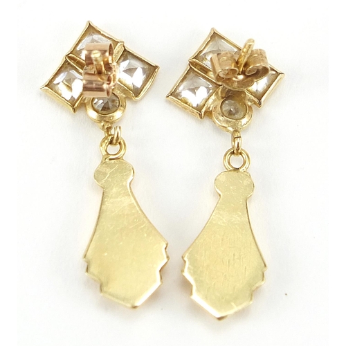 2100 - Pair of 14ct gold clear stone drop earrings, 2.6cm high, 2.3g