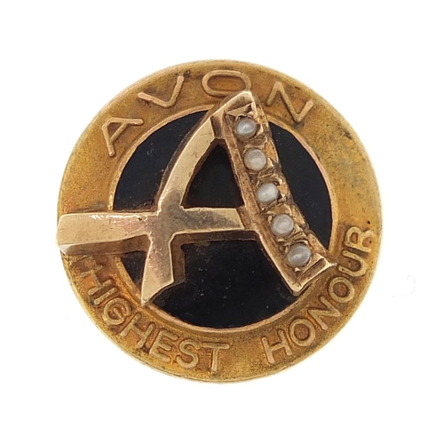 2120 - 9ct gold and enamel Avon Highest Honour badge set with seed pearls, 1.5cm in diameter, 4.0g