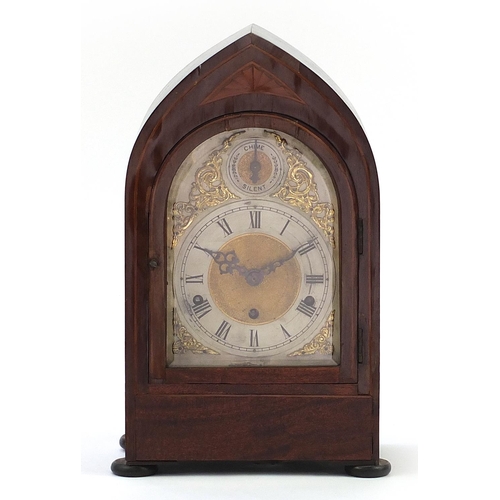 296 - 19th century inlaid mahogany arch top bracket clock with Westminster chime, the silvered dial with s... 