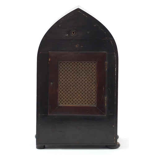 296 - 19th century inlaid mahogany arch top bracket clock with Westminster chime, the silvered dial with s... 