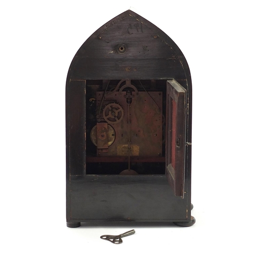 296 - 19th century inlaid mahogany arch top bracket clock with Westminster chime, the silvered dial with s... 