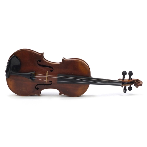 413 - Old wooden violin with protective case, the violin back 14.5 inches in length