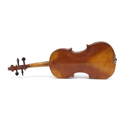 413 - Old wooden violin with protective case, the violin back 14.5 inches in length