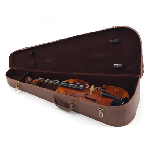 413 - Old wooden violin with protective case, the violin back 14.5 inches in length