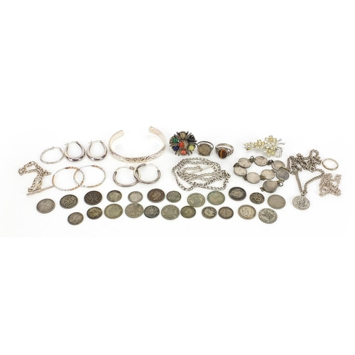 2127 - Silver and white metal jewellery and British pre decimal coins including sixpences, thrupenny bits, ... 