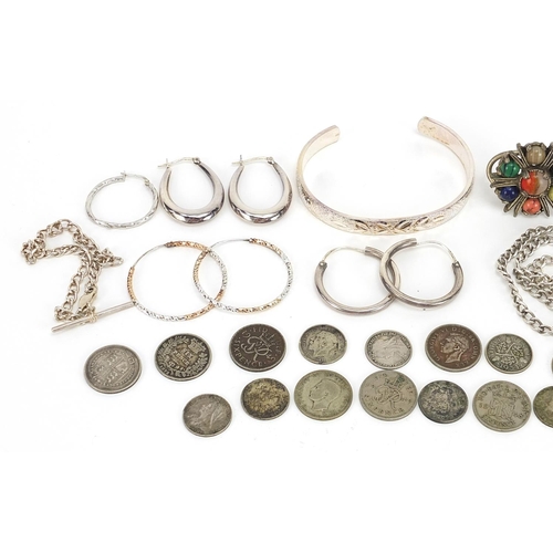 2127 - Silver and white metal jewellery and British pre decimal coins including sixpences, thrupenny bits, ... 