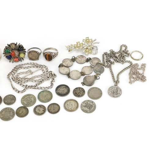 2127 - Silver and white metal jewellery and British pre decimal coins including sixpences, thrupenny bits, ... 